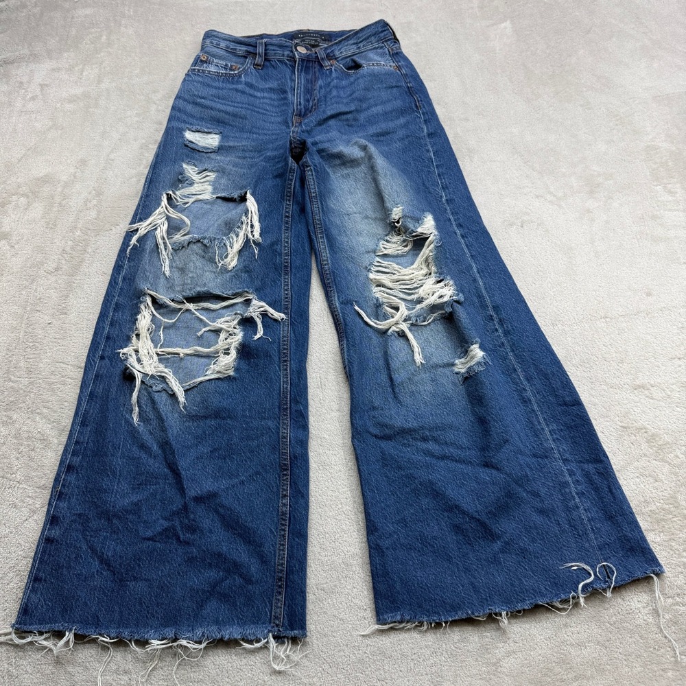 Aeropostale Super Wide Leg Jeans Women 0 Blue Distressed Hi Rise Raw Hem Skater